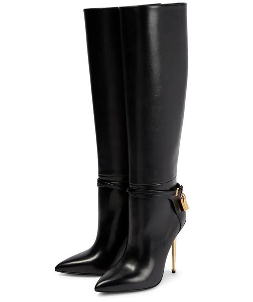 Marcas de lujo de invierno Bota con candado Tacón de aguja dorado Botas hasta la rodilla largas para mujer Hardware dorado Cerradura y llave Fiesta Wdding Lady Winter Booties EU35-43