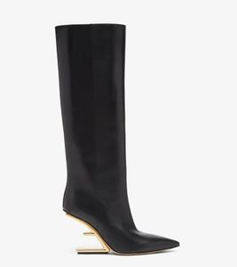 Winter Luxe Eerste Vrouwen Lange Laarzen Zwart Wit Leer F-vormige Gebeeldhouwde Hakken Puntschoen Dame Booties Rits Over Knie Laars EU35-43 Originele Doos