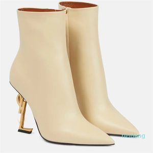 Botas de tobillo de lujo de invierno Womrn Negro Beige Piel De Becerro Punta estrecha Martin Botines Señora Vestido de fiesta de tacón alto Bota EU35-43