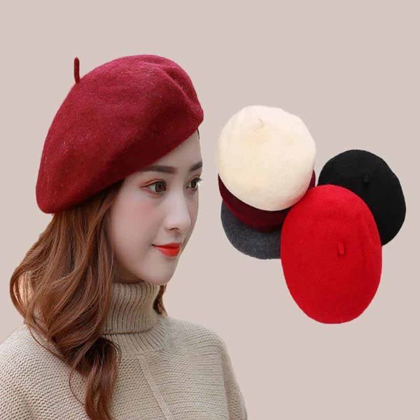 Bérets en laine de luxe pour femmes, casquettes d'hiver Pastel Baret fille rose Beige, chapeau d'artiste français, bonnet noir chaud, Barrette