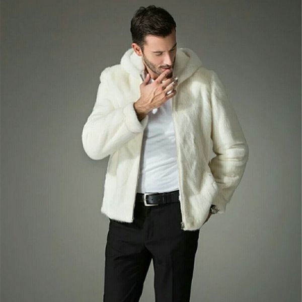 Manteau d'hiver en fourrure blanche pour homme Vêtements décontractés Manteau en fourrure d'animal simulé Homme avec une veste à capuche Vêtements à la mode pour hommes Vêtements d'extérieur en fourrure