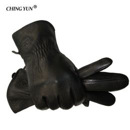 Guantes de cuero de piel de venado para hombre de invierno, guantes suaves y cálidos para hombre, manoplas negras con diseño de tres líneas para hombre, forro de pelo de oveja 211228244H