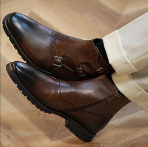 Bottes Martin d'hiver en cuir véritable pour hommes, chaussures à sangle de moine, Style britannique, bottines Chelse