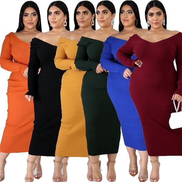 Robes Maxi d'hiver pour femmes col en V taille haute à manches longues robe Sexy côtelée robe moulante grande taille en gros livraison directe 210319