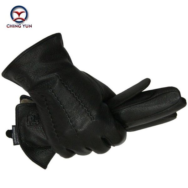 Gants d'hiver en cuir de peau de cerf pour hommes, chauds, doux, noirs, design de couture, mitaines imitant les poils de lapin, doublure 70% laine-07 LJ201221250a