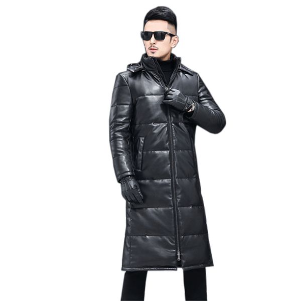 Hiver hommes doudoune grande taille manteau en peau de mouton 2019 nouveau cuir véritable doudoune moyen long mince à capuche hommes vêtements d'extérieur FC35