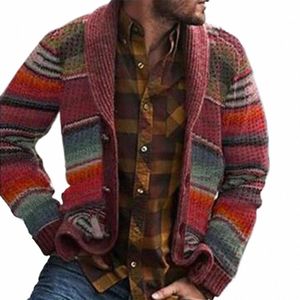 Hommes d'hiver Cardigan en laine à capuche Pull Patchwork Tricot Ouvert Frt Cardigan Rayures Lg Manches Manteau Veste Vêtements Pour Hommes p7Ga #