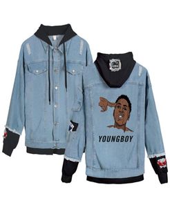 Veste de jeans pour hommes d'hiver Youngboy n'a jamais brisé patchwork faux deux pièces de la veste à capuche denim manteau de streetwear masculin 8517016