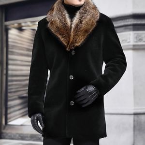 Men d'hiver long manteau en laine collier fourrure chaude mâle solide slim veste de vent de vent décontracté