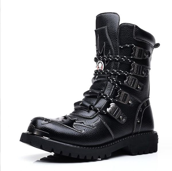 Bottes de moto d'hiver pour hommes, nouvelle mode mi-mollet Punk Rock Punk, chaussures en cuir véritable noir, montantes, bottes décontractées 38-46 pour garçons, bottes de fête