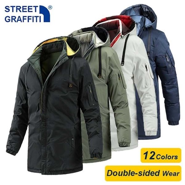 Hiver Hommes Plus Long Chaud Double Face Porter Capuche Parkas Veste Manteau Marque Automne Outwear Coupe-Vent Épais 211214