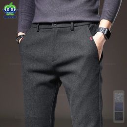 Hiver hommes tissu brossé pantalons décontractés mode d'affaires coupe ajustée Stretch épais gris bleu noir coton pantalon mâle 240112