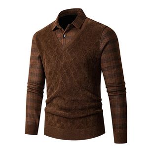 Chemise pull-up chaude en laine d'affaires pour hommes d'hiver Plus velours épais faux pull tricoté deux pièces chemise contrastée de couleur unie 240104