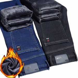 Invierno de los hombres clásicos de lana pantalones vaqueros calientes Fi Negro Azul pierna recta espesar Veet pantalones de mezclilla ocasionales para hombre Busin pantalones y4Ip #