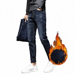 Hiver hommes polaire chaud Busin Jeans Style classique Fi droit Stretch Denim chaud pantalon mâle marque pantalon noir bleu 02ge #