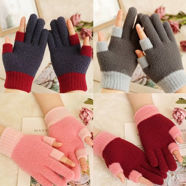Gants d'hiver pour hommes et femmes, chauds, en laine tricotée épaisse, pour le bureau, jeux d'écriture exposés à deux doigts, gants sans doigts pour écran tactile
