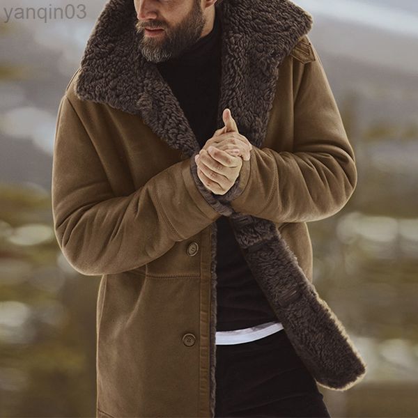 Veste d'hiver en cuir pour hommes, col à revers, Style Vintage, vestes chaudes et épaisses en fourrure, coupe cintrée, simple boutonnage, couleur unie, longue veste L220801