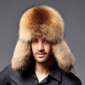 Hiver hommes argent fourrure de renard aviateur Bomber chapeau fourrure de raton laveur Ushanka casquette trappeur russe homme Ski chapeaux casquettes en cuir véritable