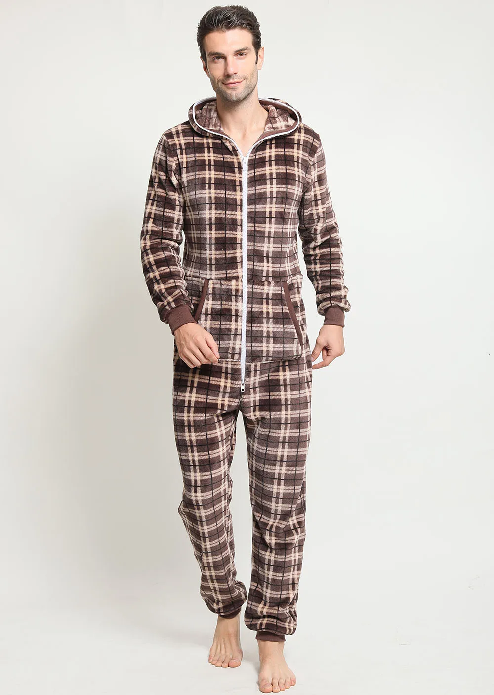 Winter Men's Thick Plaid Flannel One-piece Home Wear Jumpsuit Cool Summer Casual Sleepwear Men Pajamas