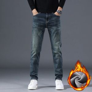 Hiver hommes polaire mince jean droit rétro lavé élastique coton noir bleu Denim pantalon mode marque coréenne vêtements 231222