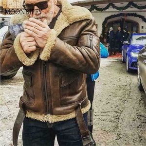 Chaqueta de cuero forrada de lana de cordero para hombre de invierno Parka Outwear Coat Men Retro Fur Locomotive Jacket Zipper PU Leather Coat Warm 211118