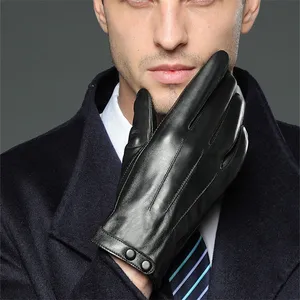 Guantes de cuero para hombre de invierno Manoplas de piel mate PU Cinco dedos Negro con etiqueta al por mayor