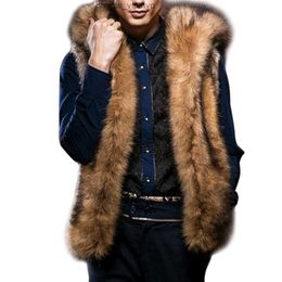 Hiver Mens Luxury Veste de fourrure Vestes sans manches chaudes et couches à capuche de taille en faux peluche