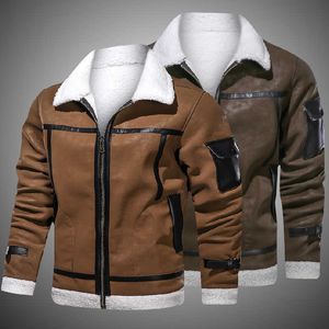 Veste d'hiver en cuir PU pour hommes, polaire épaisse, manteaux à col de fourrure, poche chaude, Slim Biker, veste de moto, coupe-vent 210603