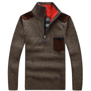 Winter Mens Pullover Gebreide Trui Mannelijke Wol Fleece Dikke Casual Pullover Patchwork Warm Pocket Sweater Standing Collar 210813