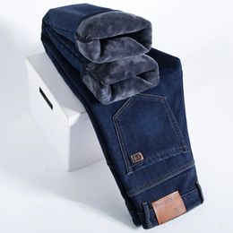 Winter Heren Warme Slanke Jeans Verdikte Stretch Fleece Rechte Wol Zwart Blauw Business Casual Mode Broek 240113