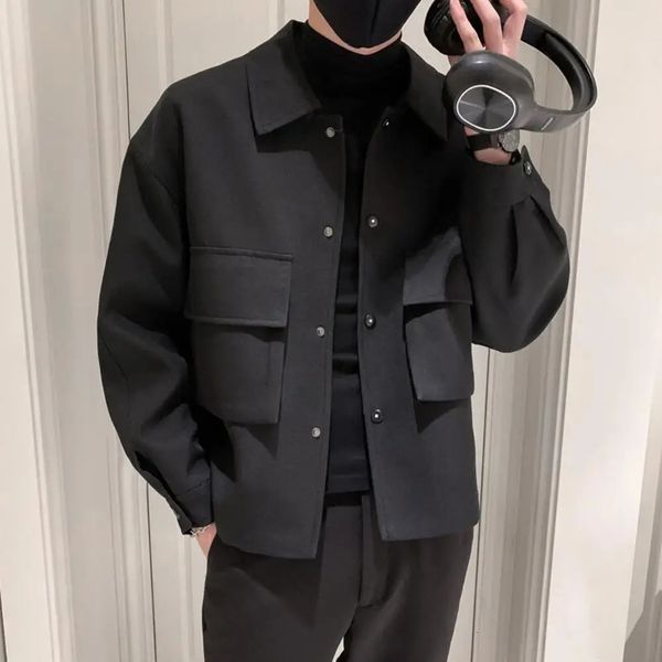 Invierno para hombre de lana gabardina chaqueta corta Slim Fit abrigos casuales coreano color sólido Steetwear rompevientos cuello vuelto Outwear 240105