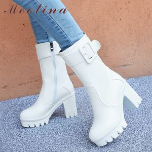 Winter Mid Calf Laarzen Dames Gesp Platform Chunky Hakken Zipper Super Hoge Hak Schoenen Vrouwelijke Herfst Big Size 34-43 210517