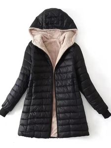 Hiver mi-longueur à capuche coton veste femmes automne léger doublure en peluche solide dames Parka lâche femme vêtement d'extérieur à glissière 240106