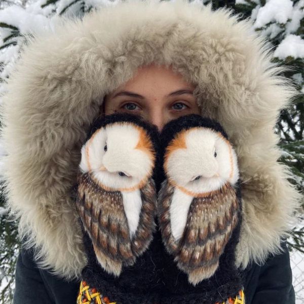 Manoplas de invierno Moda manoplas nórdicas de lana tejidas a mano con búhos Cómodo cálido