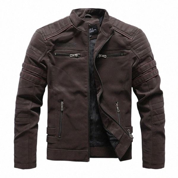 Chaqueta de cuero de la PU de la motocicleta de invierno Hombres 2023 Vintage Fleece Cálido Abrigo de cuero multibolsillo Cremallera masculina Otoño Outwear Chaquetas q3n1 #