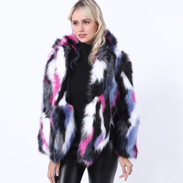 Hiver multicolore fausse fourrure veste en cuir femmes chaud manteau court femmes vestes amples épaissir mode 211207
