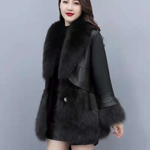 Haining – manteau de fourrure mi-long en poils de renard, édition coréenne, en cuir PU épissé pour femme, nouvelle collection hiver 2023, 7424