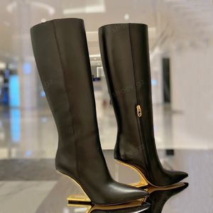 Winter Nieuw zwart echt leer puntige tenen Zip Tall Boot knie laarzen goud metaal gesneden hiel luxe voor vrouwen luxe designer merk fashion laarzen fabrieksschoenen fabriek