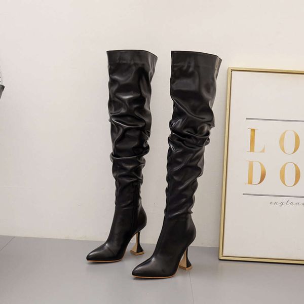 Botas nuevas de invierno para mujer tacón delgado puntiagudo botas de rodilla blanca puntia