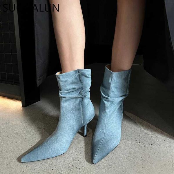 Invierno nueva marca mujer tobillo bota moda puntiagudo punta plisada señoras botas cortas fino tacón alto vestido al aire libre 230922