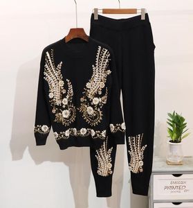 Hiver New Fashion Femmes Ensembles tricotés Perled Sequin broderie Longsleeved Sweater Harlan Feet Pants Suit Women5570978