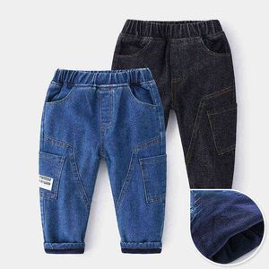 Winter Nieuwe Jeans Kinderen Jongen Solid Uitloper Fluwelen Casual Broek Zwart Blauw Mid Elastische Taille Warme Kinderkleding voor 2-6Y G1220