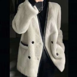 Manteau d'hiver en cuir Imitation vison polaire pour femme, édition coréenne, polyvalent, mode, col en v, Cardigan en peau de peluche