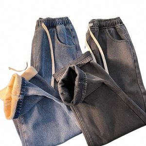 Hiver Nouveaux Hommes Cordon Polaire Large Jambe Lâche Jeans Streetwear Design Épais Chaud Denim Pantalon Baggy Pantalon Mâle e3xL #