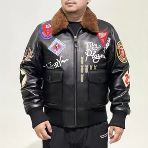 Chaqueta de cuero de la Fuerza Aérea con insignia bordada de solapa de piel de oveja Zhuangzhi Lingyun G1 para hombre nueva de invierno
