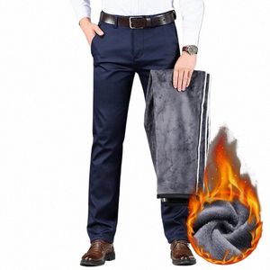 Hiver nouveaux hommes chaud pantalons décontractés Busin Fi coupe droite polaire épaissir Stretch pantalon mâle marque noir kaki marine gris E965 #