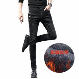 Hiver Nouveau Épais Plus Veet Hommes Taille Moyenne Jeans Skinny Simple Polaire Chaud Slim Fit Stretch Boy Casual Denim Crayon Pantalon 01lm #