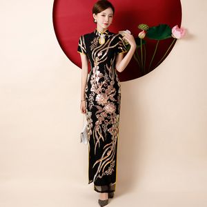 Hiver Nouvel épaissoir Lady Cheongsam Slim rétro Mandarin Cold de bal robes Velor Qipao Sequins Appliques Party Robes chinoises