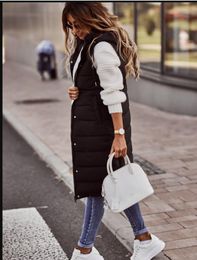Nuevos chalecos negros largos informales de invierno para mujer, chaleco con capucha de un solo pecho, acolchado de algodón, talla pluz, elegante cárdigan de calle, abrigo cálido, chaqueta 4XL5XL