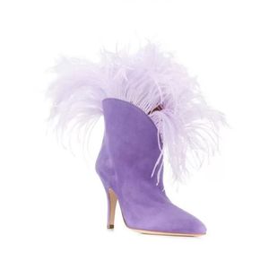 Hiver Nouvelles bottes courtes pour femmes Ostrich cheveux pointus à pointe talons minces talons hauts chaussures de mode femme daim cheville botas mujer